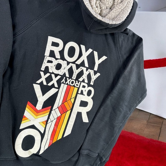 Vintage Roxy Sherpa Hoodie Girls M Black‎ Graphic Back to School Cool Retro - Picture 1 of 13